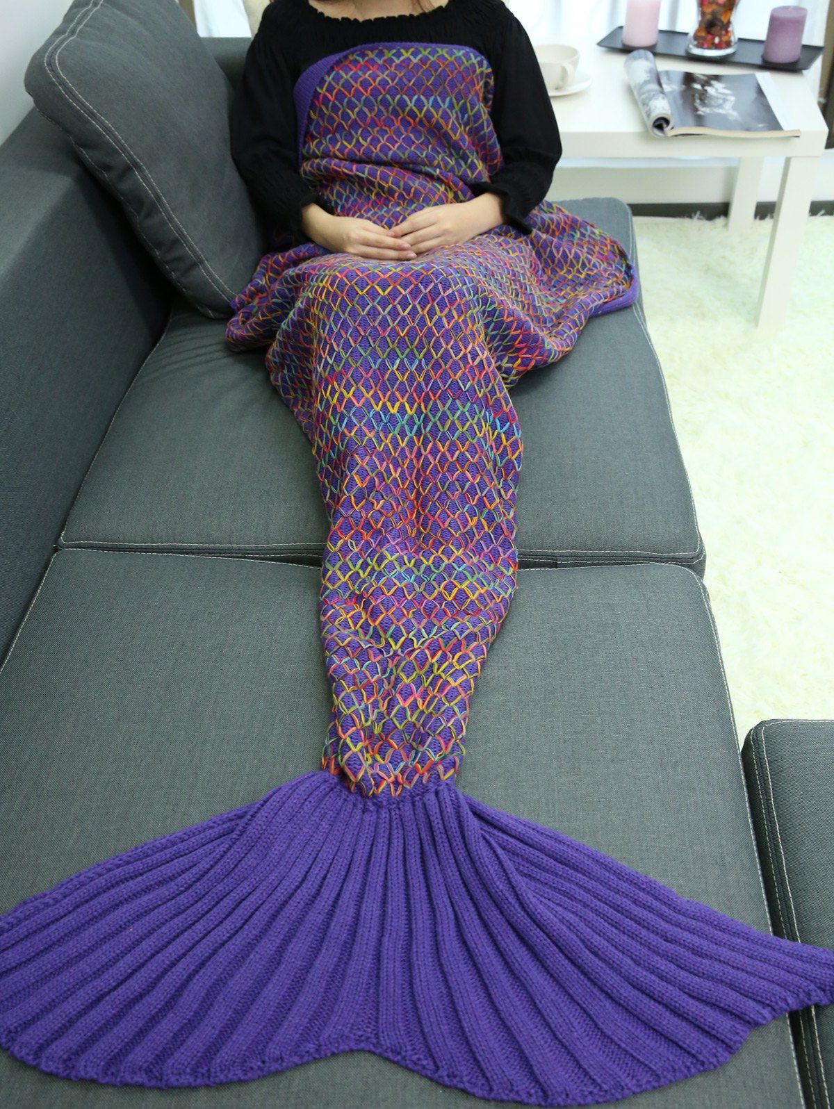 Couverture tricotée motif sirène Violet Foncé 