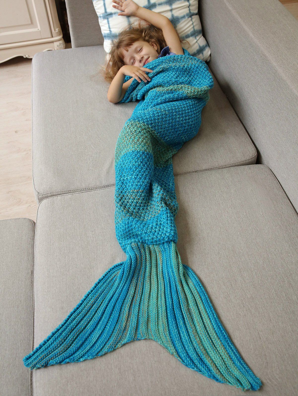 Cheap Winter Thicken Lengthen Color Block Sleeping Bag Wrap Kids Mermaid Blanket  