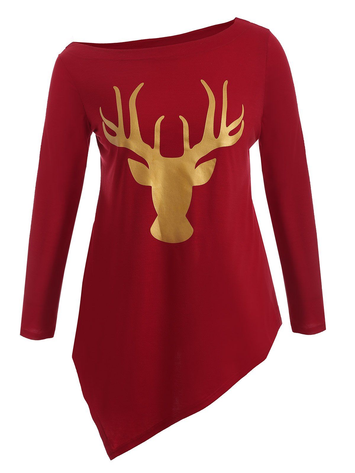 

Plus Size Christmas Deer Print Asymmetric T-Shirt, Red