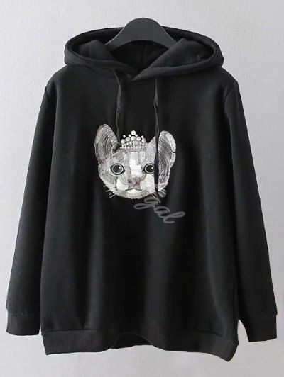 

Cartoon Embroidered String Hoodie, Black