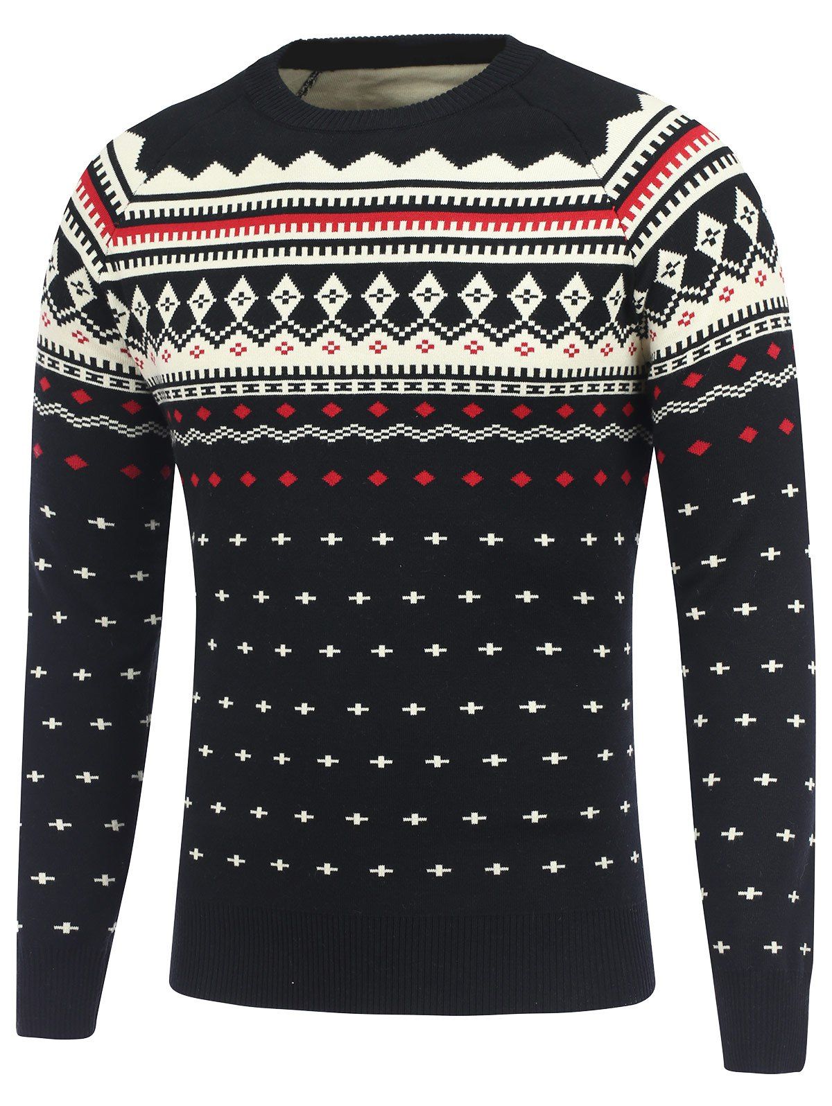

Geometric Pattern Crew Neck Raglan Sleeve Sweater, Black