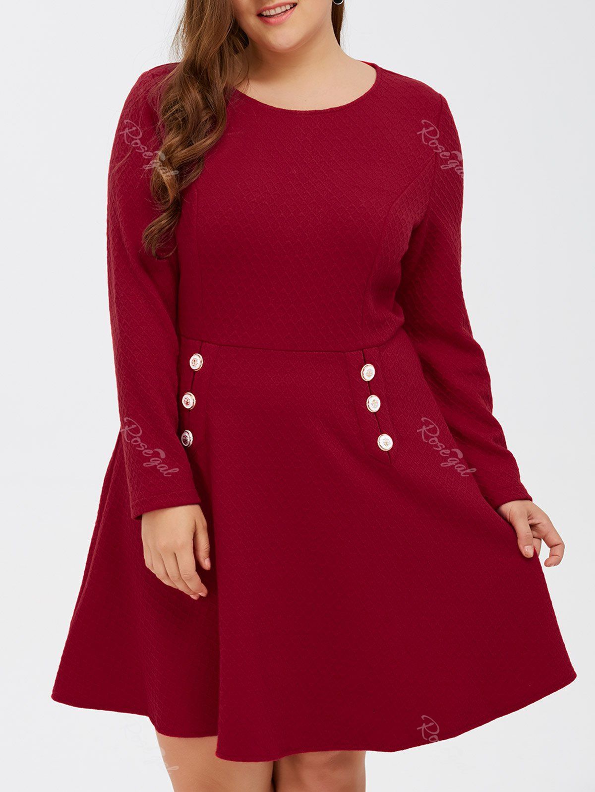 

Grid Buttoned Long Sleeve Fit and Flare Dress, Red