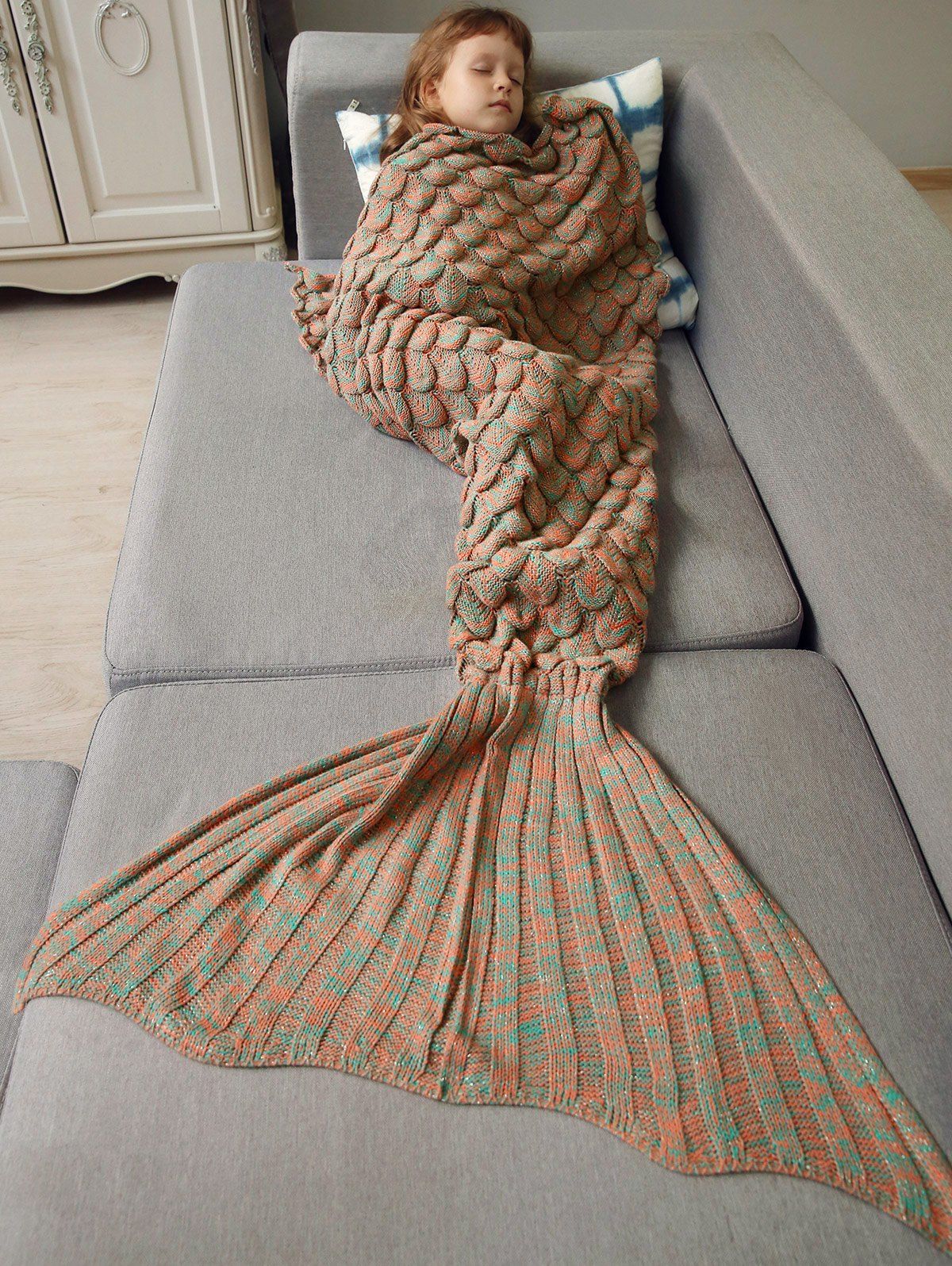 Sac de couchage pour enfants tricoté en queue de sirène à écailles Orange 