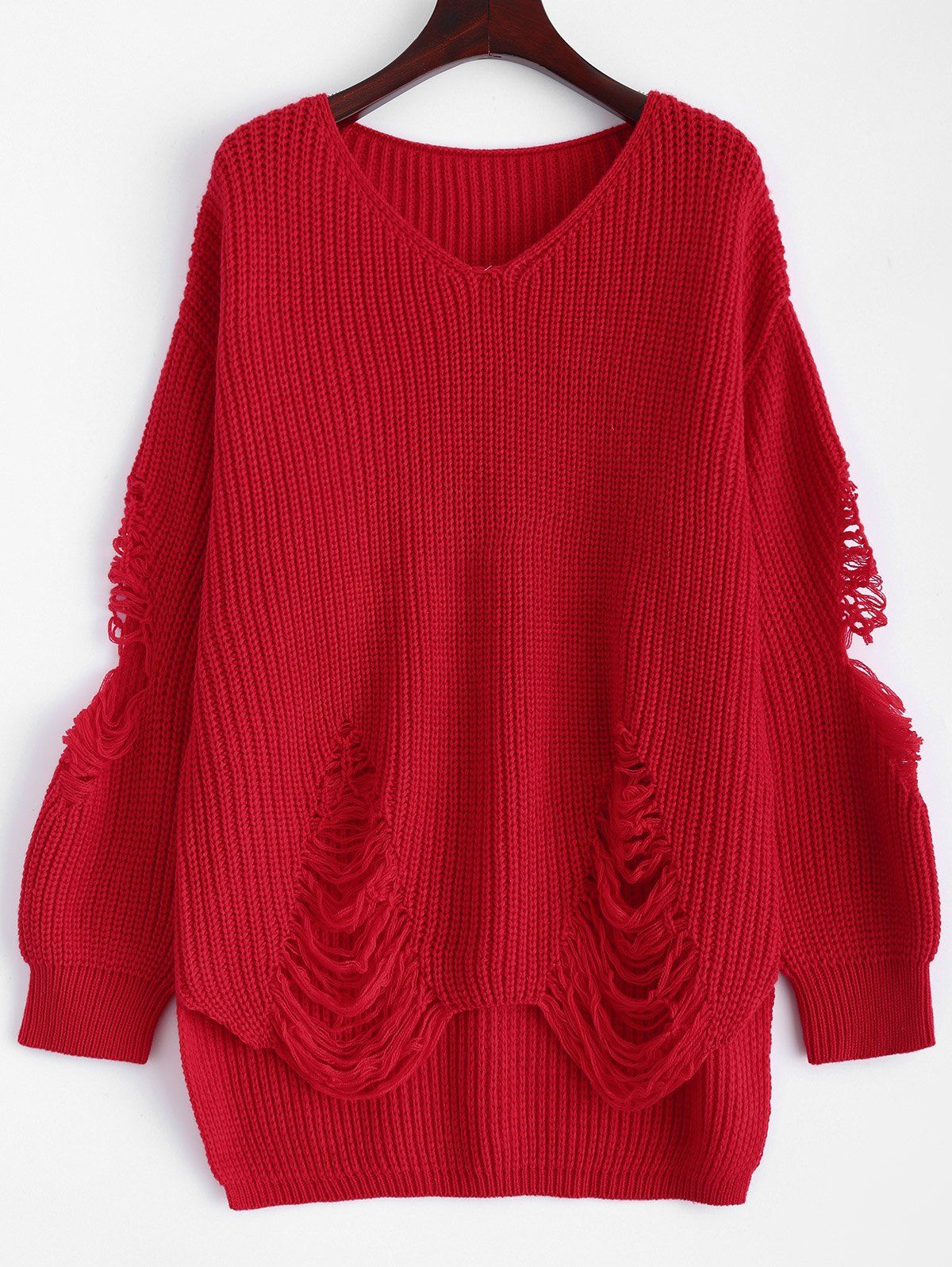 

Pullover Ripped V Neck Sweater, Red