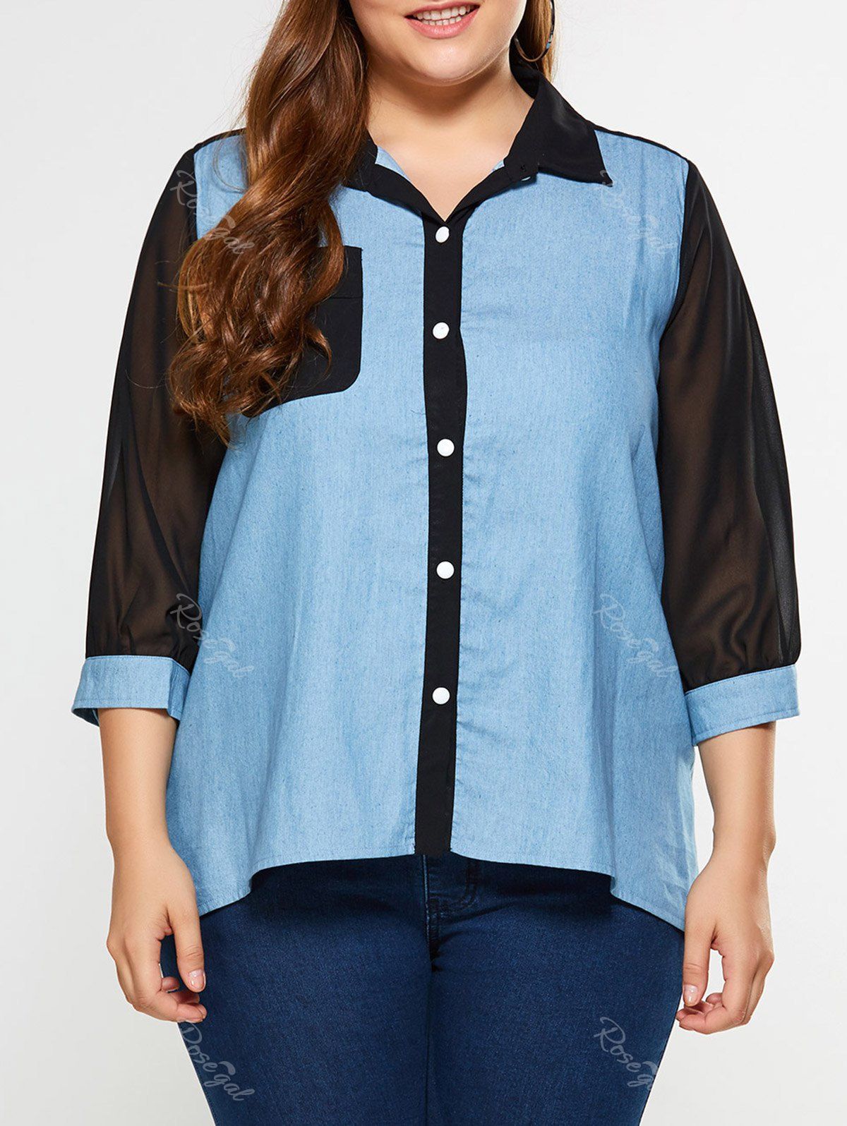 

Plus Size See Thru Chambray Shirt, Denim blue