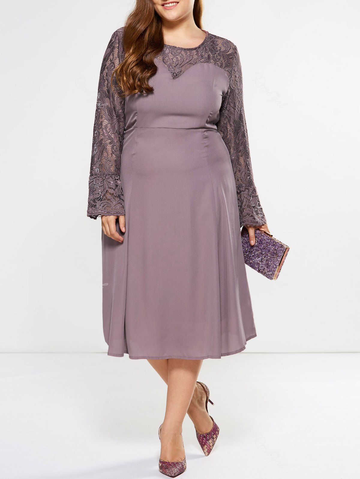 [10% OFF] Plus Size Midi Bell Sleeve Lace Insert Dress | Rosegal