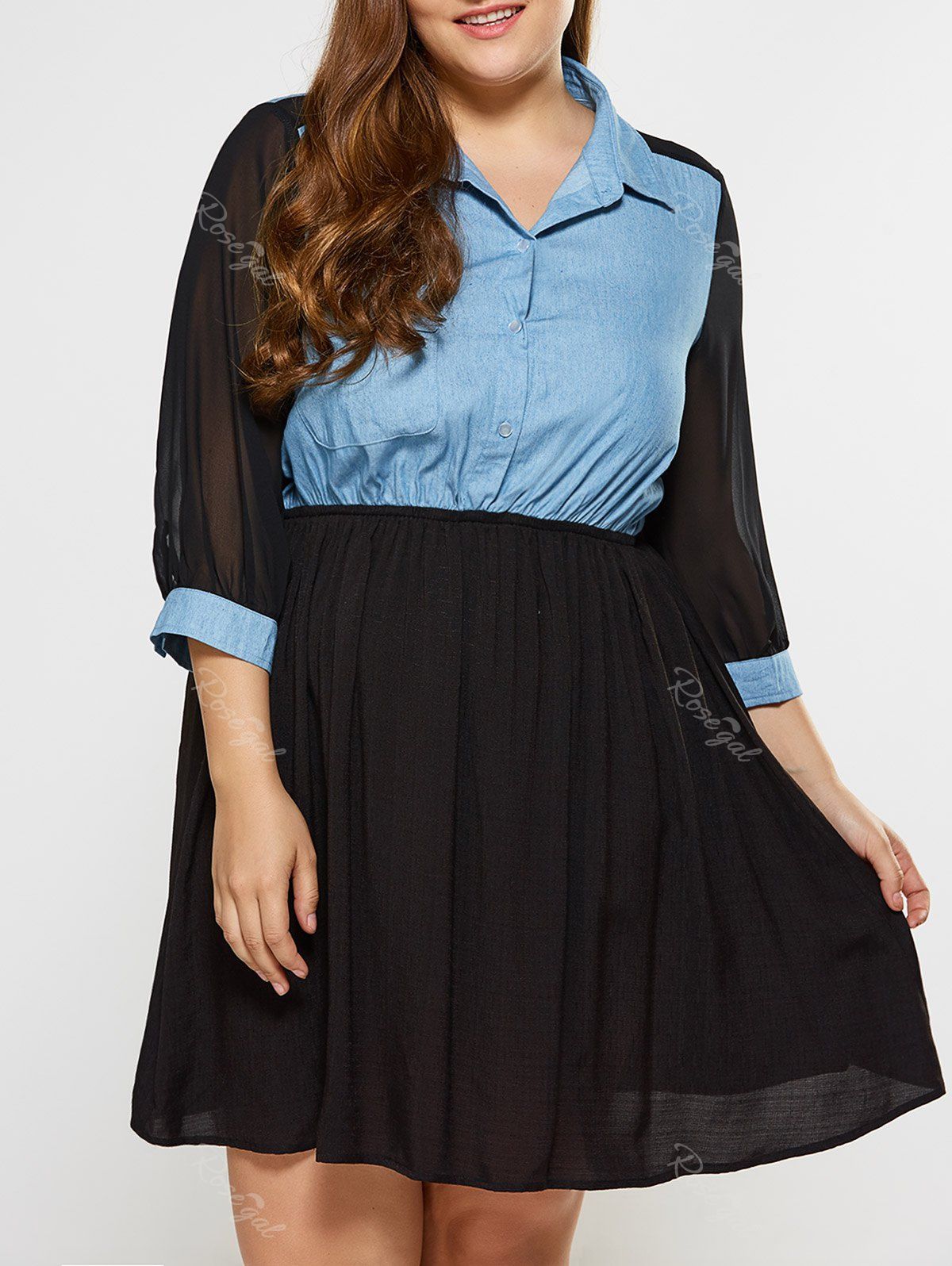 

Plus Size See Thru Denim Insert Flare Mini Dress, Black