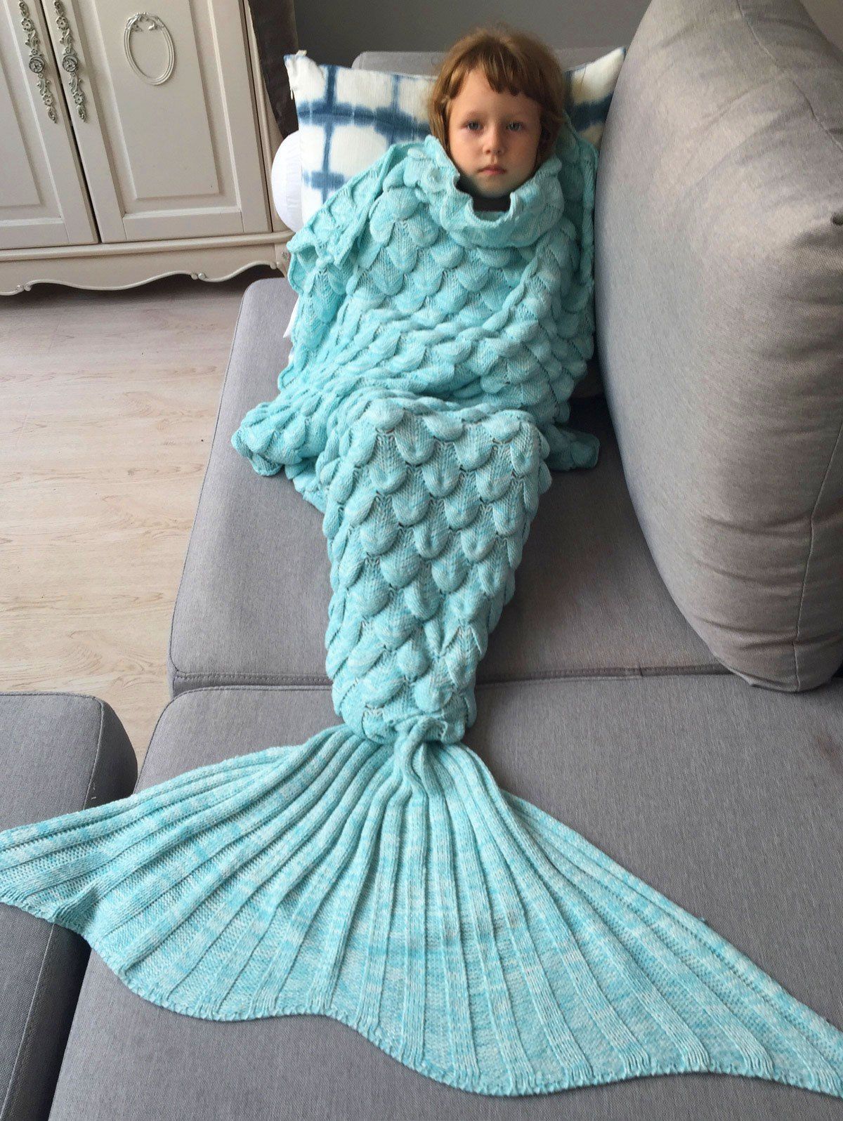 

Knitted Fish Scales Design Wrap Mermaid Blanket and Throws For Kids, Azure