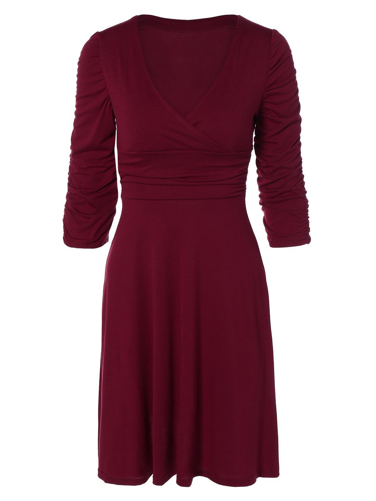 

Ruched V Neck Surplice A Line Dress, Wine red