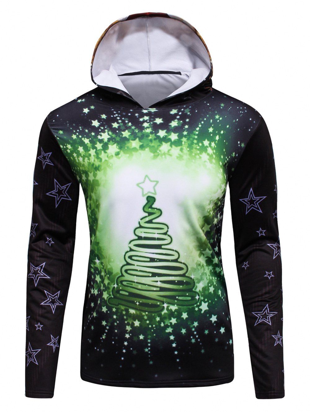 

3D Christmas Tree and Stars Print Flocking Hoodie, Green