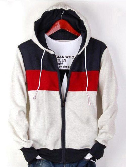 

Zip Up Drawstring Striped Paneled Hoodie, Gray