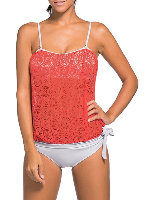 [17 OFF] Cami Strap Lace Panel Padded Tankini Rosegal