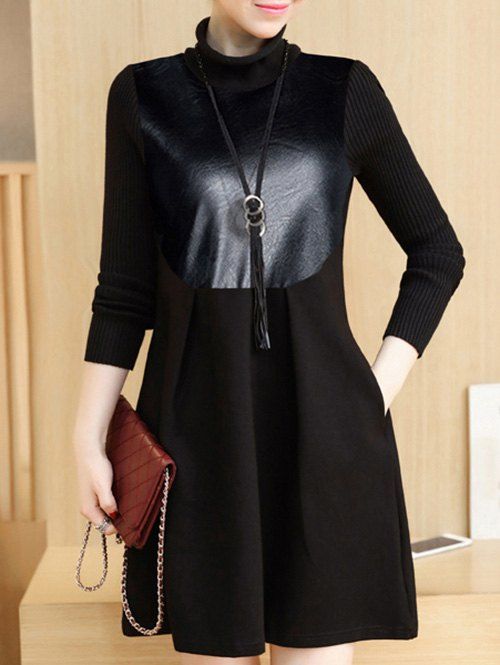 

PU Panel Color Block Long Sleeve Dress, Black