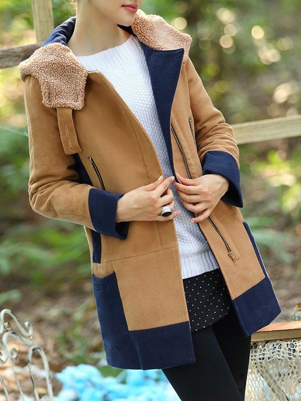 

Color Block Hooded Long Coat, Camel