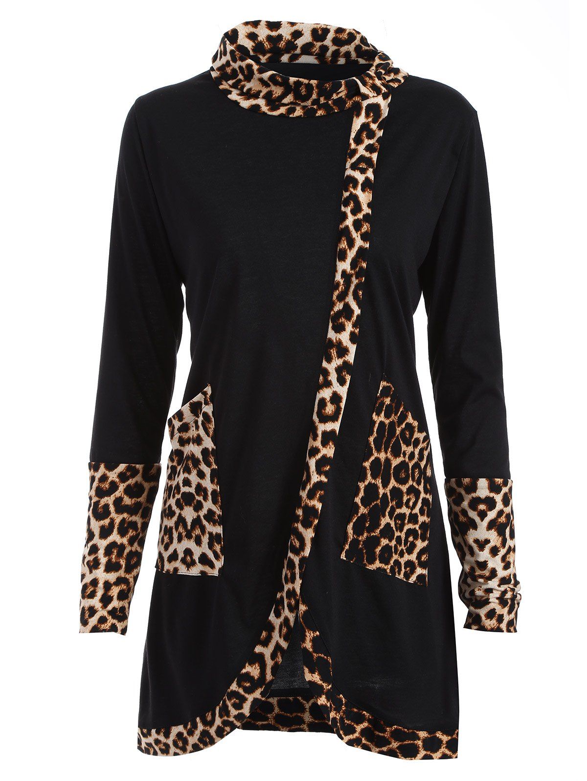 

Longline High Neck Tee with Leopard Insert, Black