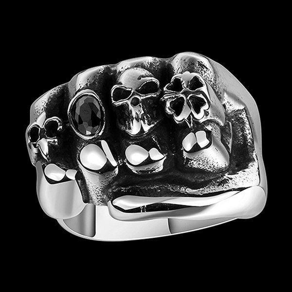 

Clover Fake Gem Fist Shape Skull Ring, Silver