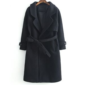 Lapel Collar Woolen Belted Long Wrap Coat