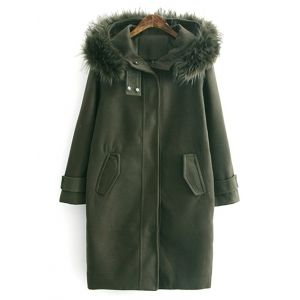 Woolen Blend Fur Hooded Coat