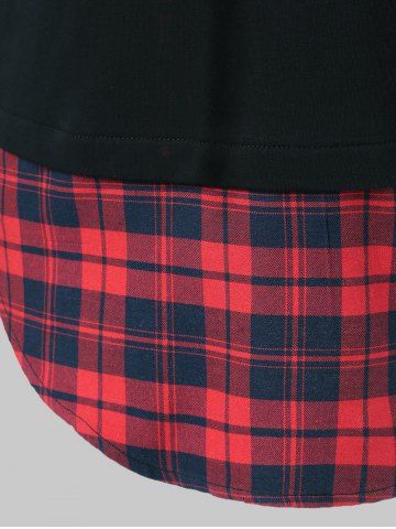 Drawstring Plaid Plus Size Hoodie, Red with black
