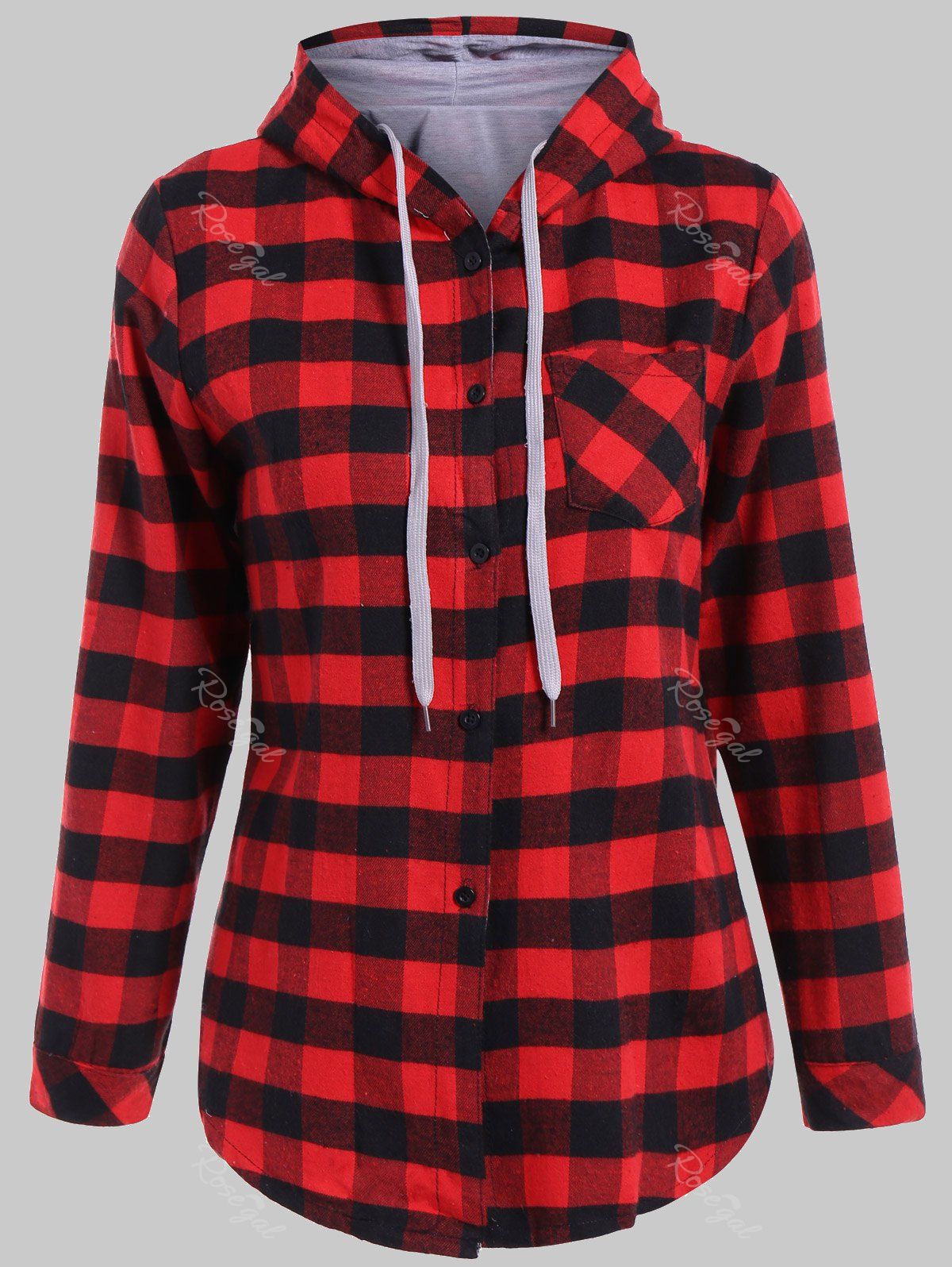 [58% OFF] Plaid Pocket Design Buttoned Black Red Hoodie | Rosegal