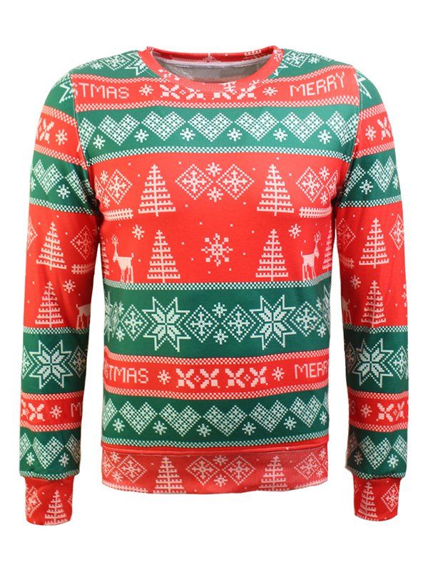 

Crew Neck Christmas Tree and Snowflake Print Long Sleeve Flocking Sweatshirt, Red and green