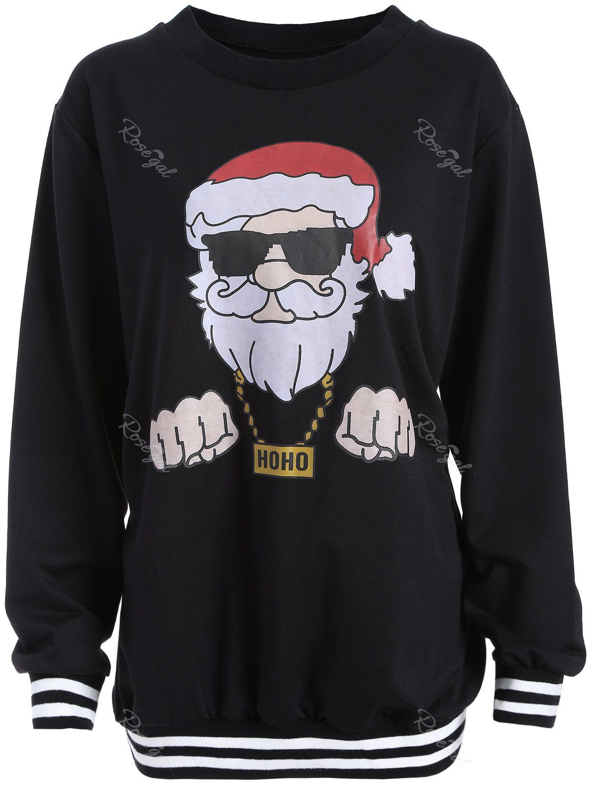 

Christmas Santa Print Varsity Striped Sweatshirt, Black