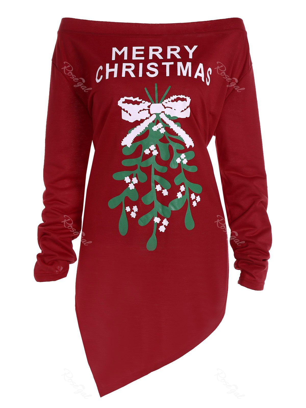 [38% OFF] Plus Size Off The Shoulder Asymmetric Christmas T-Shirt | Rosegal