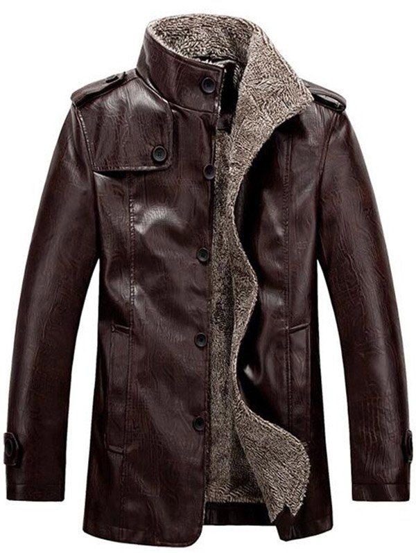 

Stand Collar Flocking Single Breasted PU-Leather Jacket, Coffee