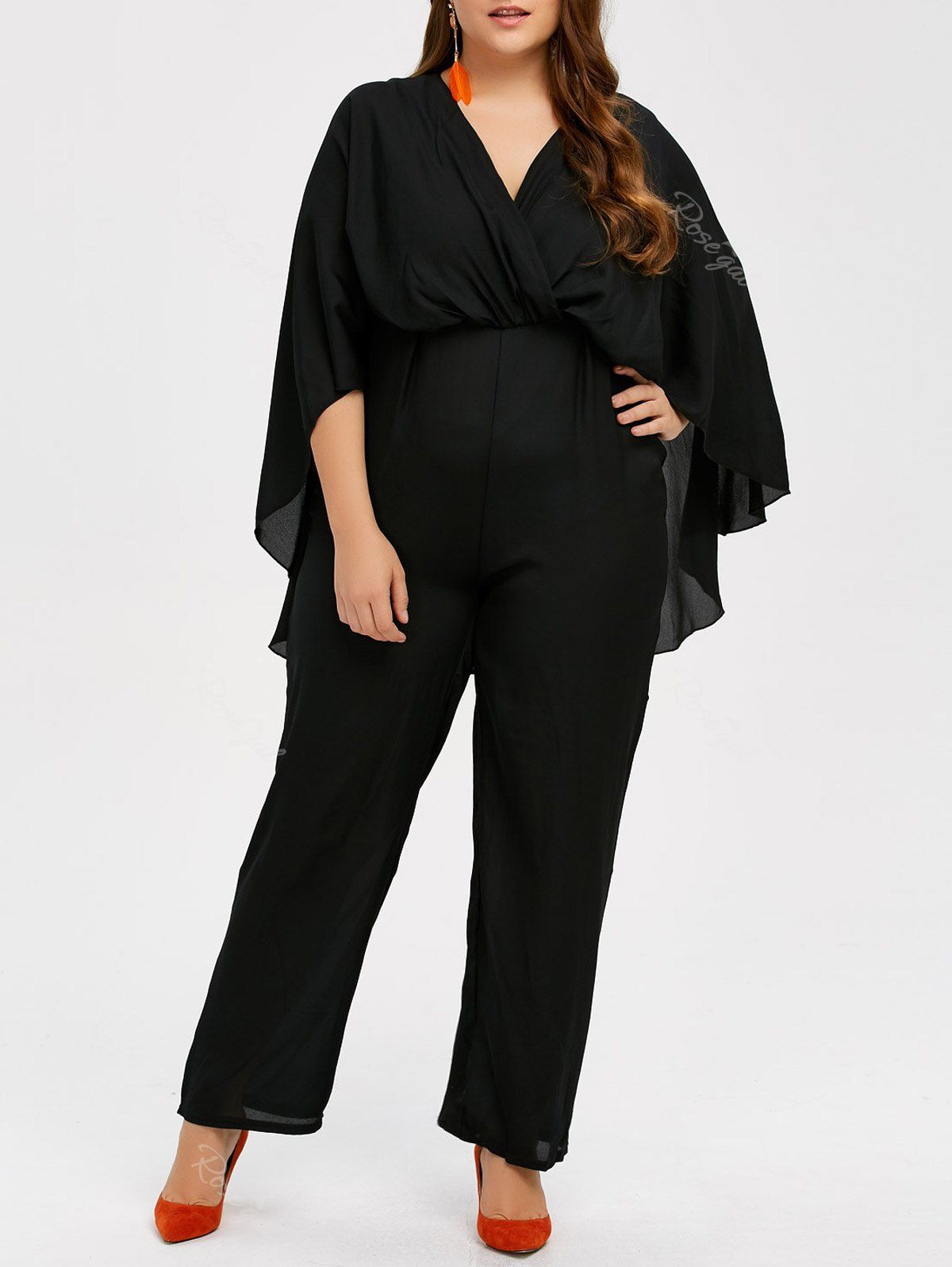 

Chiffon Capelet Surplice Plus Size V Neck Jumpsuit, Black