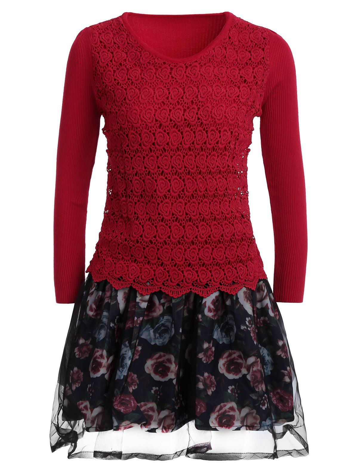 Chic Organza Spliced Floral Layered Sweater Skater Dress  