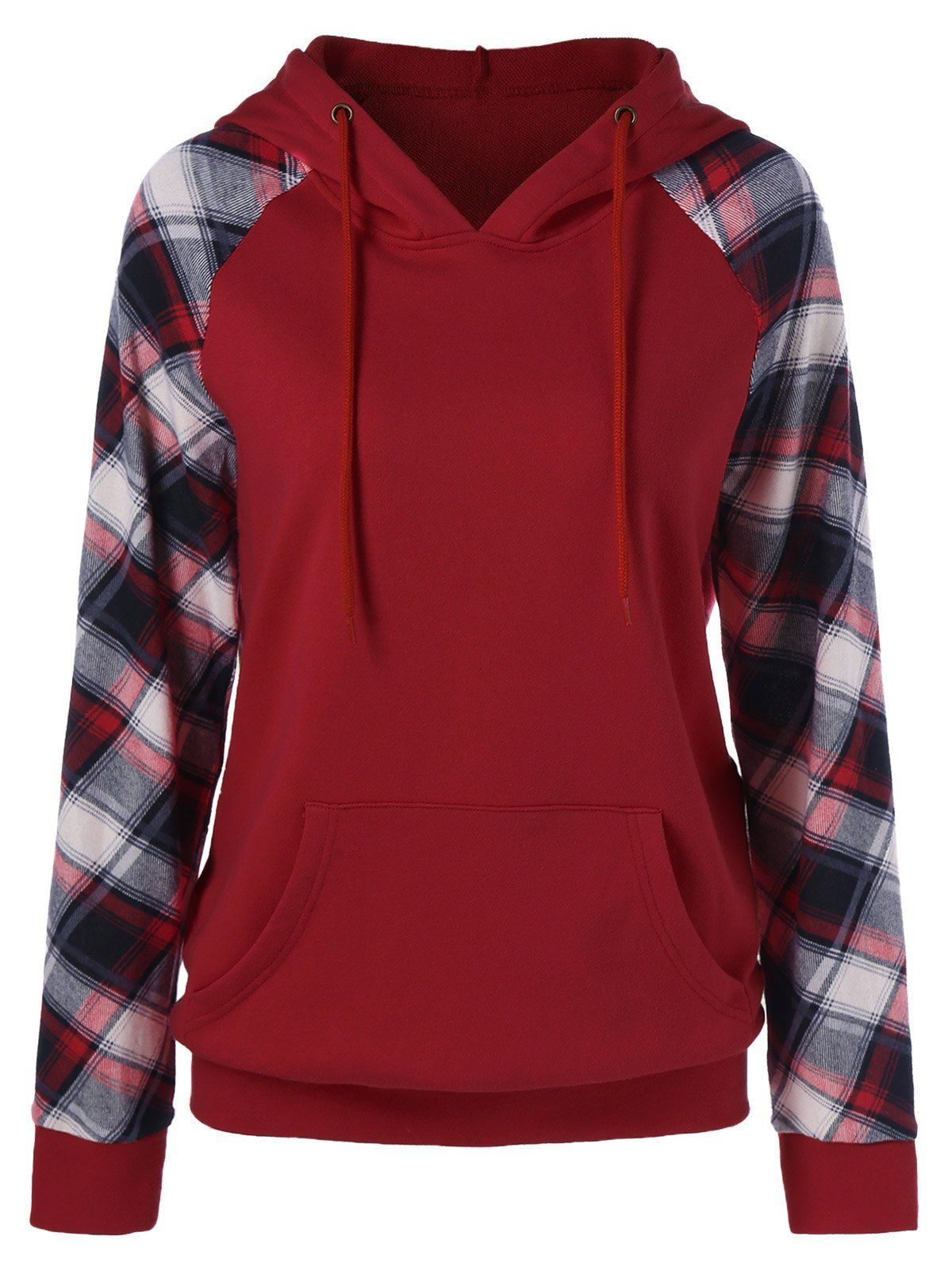 

Plaid Trim Single Pocket Hoodie, Wine red