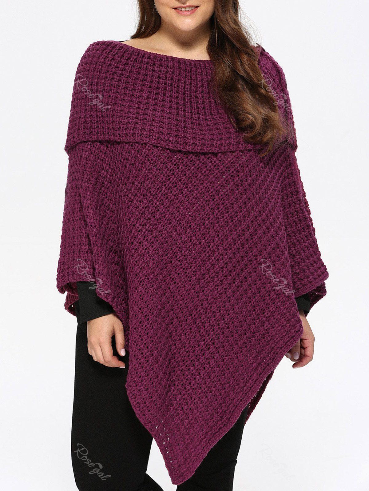 

Plus Size Knitted Asymmetric Chunky Cape, Purplish red