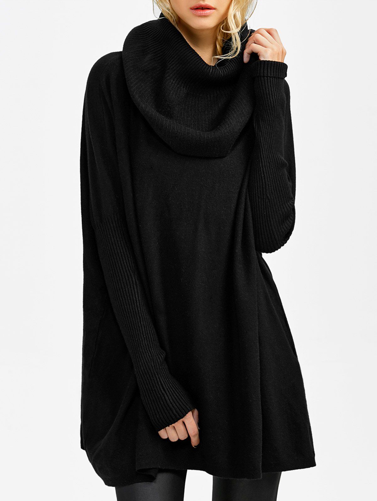 Black One Size Oversized Turtleneck Tunic Long Sweater
