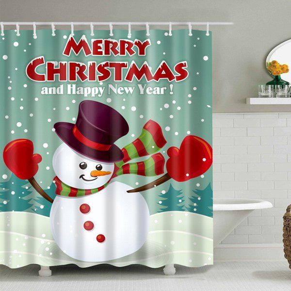 

Merry Christmas Waterproof Snowman Shower Curtain, Blue green