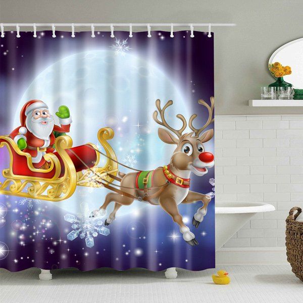 

Waterproof Santa Elk Printed Bathroom Christmas Shower Curtain, Purple
