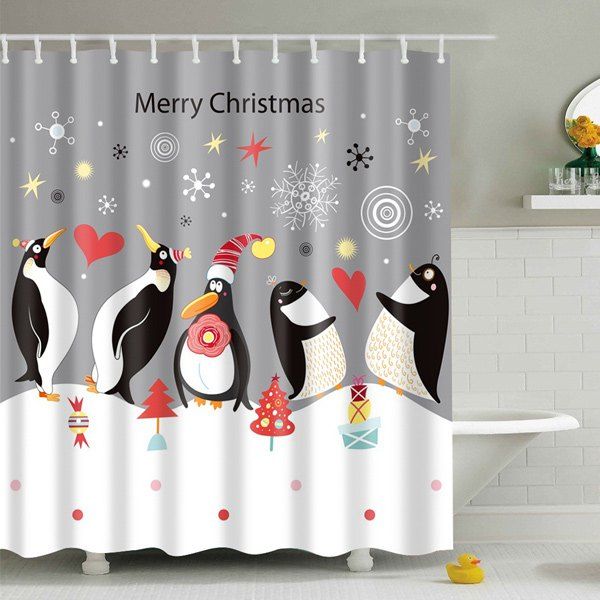 

Waterproof Penguin Printed Bath Christmas Shower Curtain, Grey and white