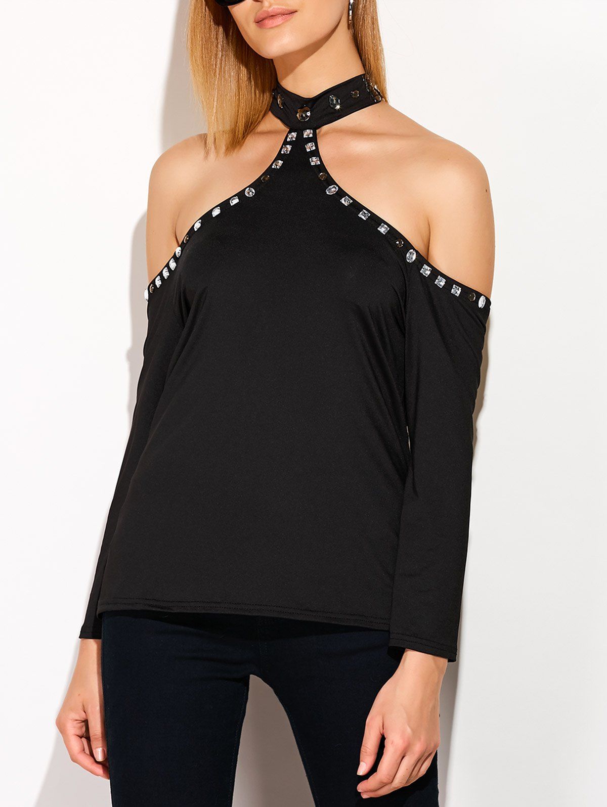 

Cold Shoulder Backless Halter T-Shirt with Rhinestones, Black