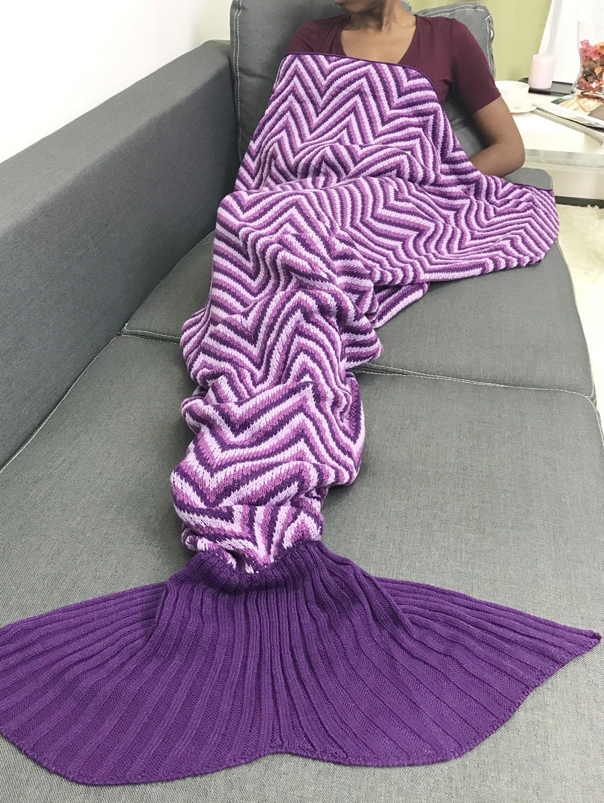 Couverture motif sirène tricotée à rayures Pourpre  