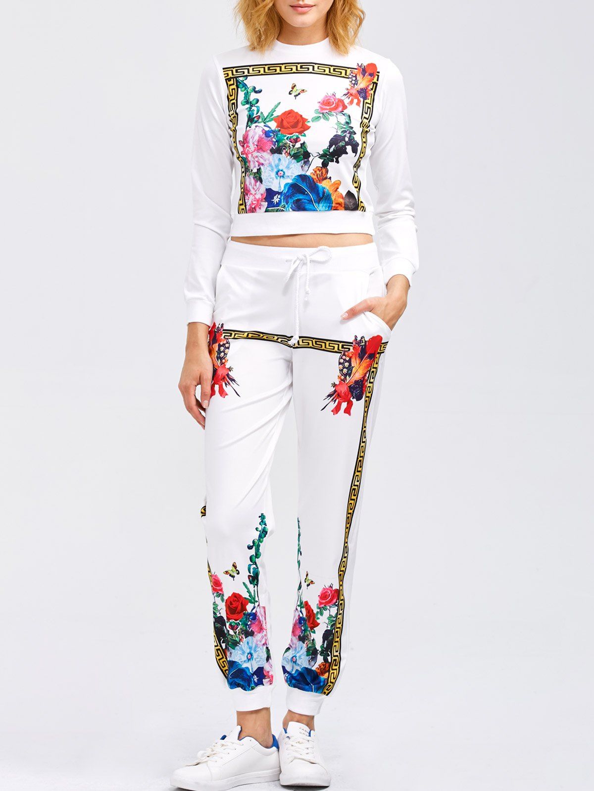 

Flower Print Sweatshirt and Jogger Pants, White