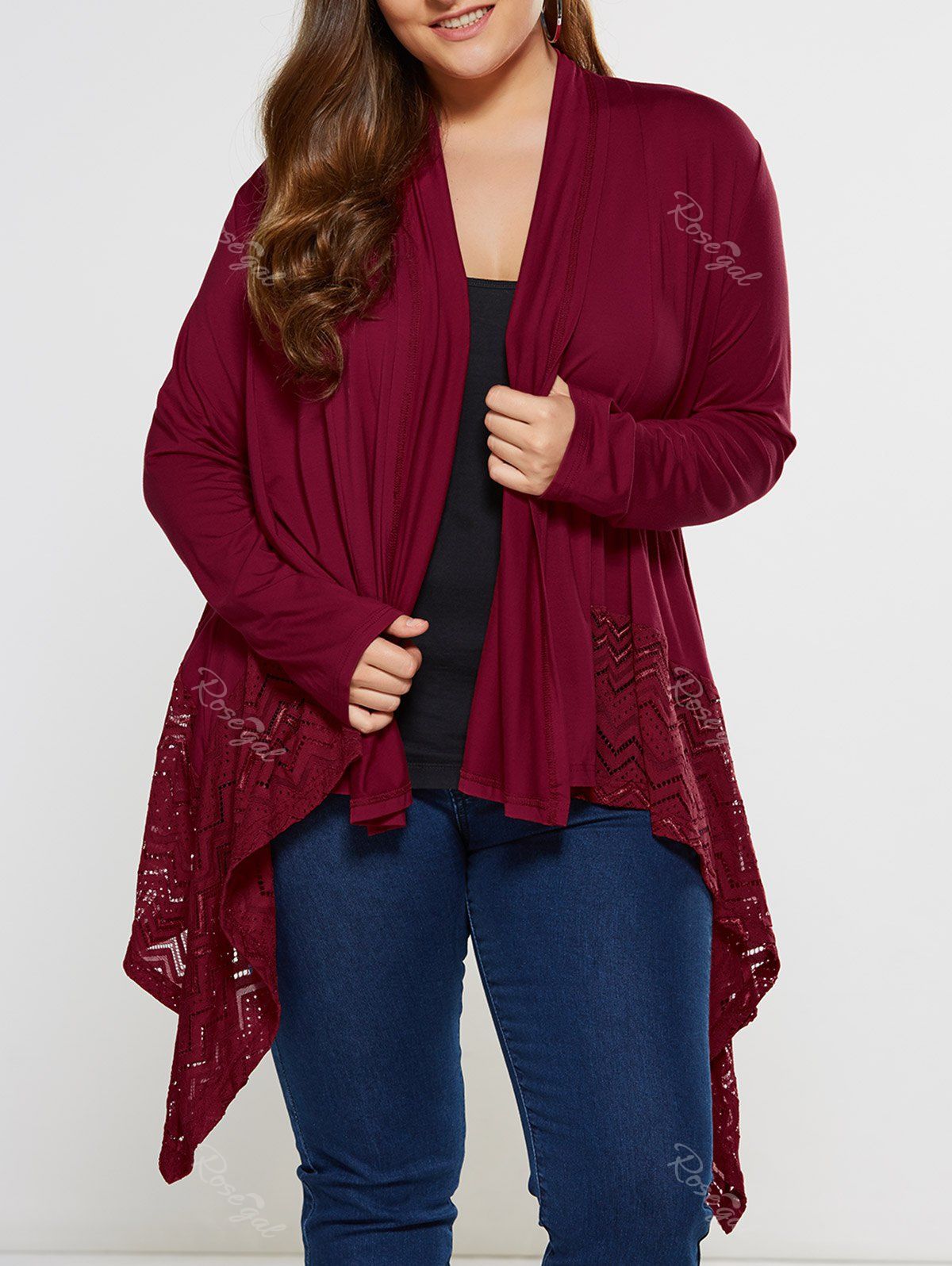 [16 OFF] Plus Size Lace Trim Asymmetrical Cardigan Rosegal