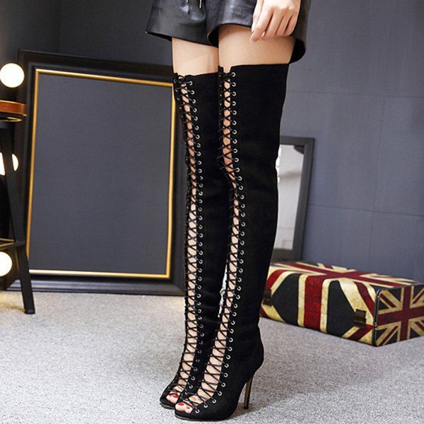 [21% OFF] Peep Toe Lace Up Stiletto Heel Thigh Boots | Rosegal
