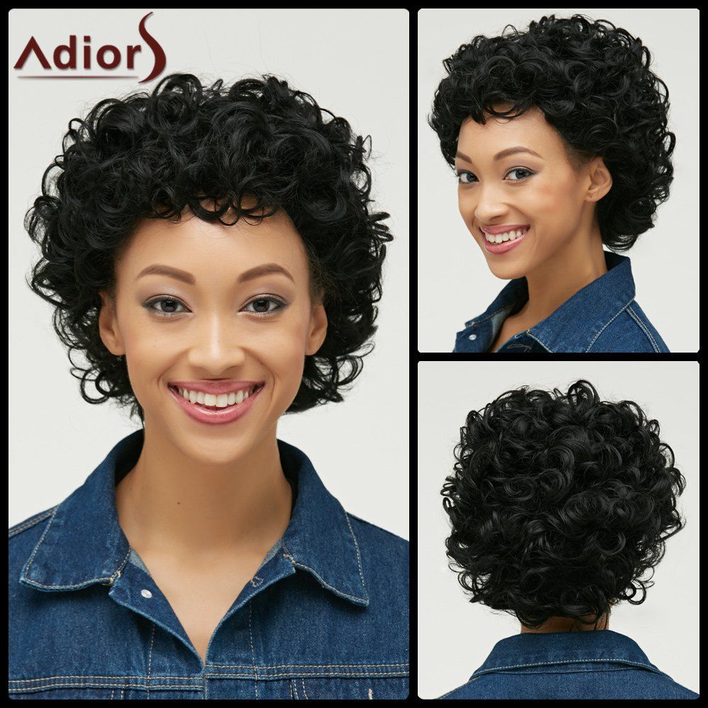 

Pixie Short Cut Curly Side Bang Synthetic Wig, Black