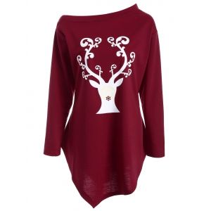

Wapiti Print Asymmetrical Christmas T-Shirt, Deep red