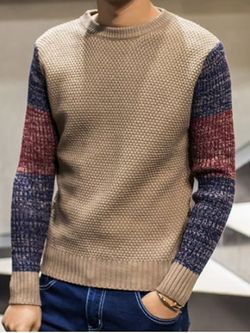 Color Block Pullover Crew Neck Sweater - KHAKI - L