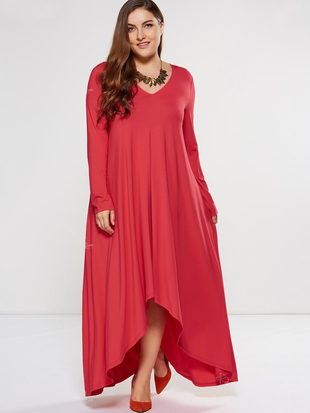 2018 Plus Size Asymmetrical Smock Maxi Dress With Long Sleeves In Red 5xl