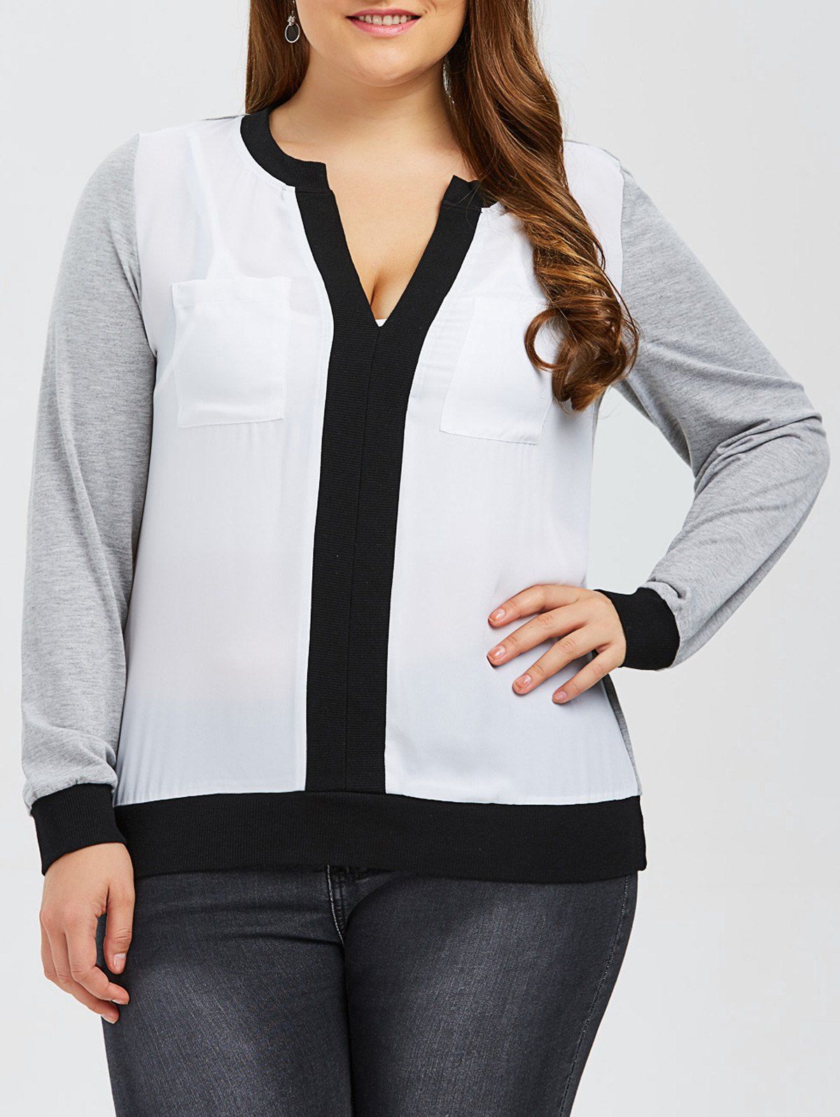 

Plus Size Contrast Trim Pockets Design T-Shirt, Light gray