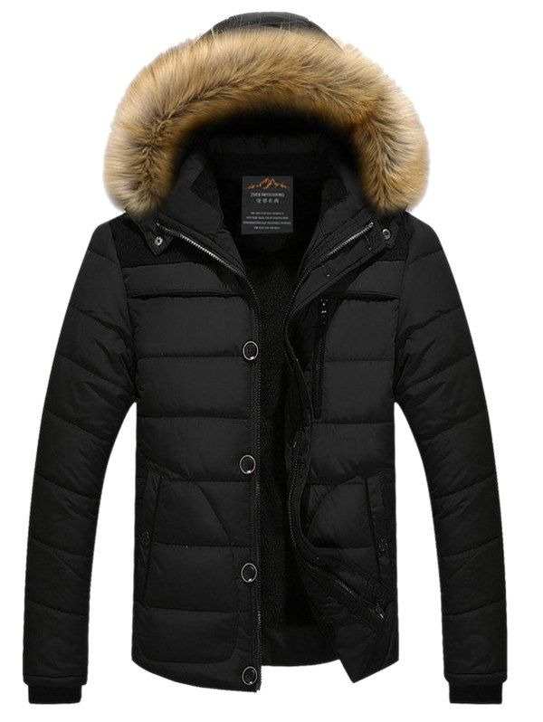 

Faux Fur Collar Hooded Plus Size Zip Up Thicken Quilted Jacket, Black