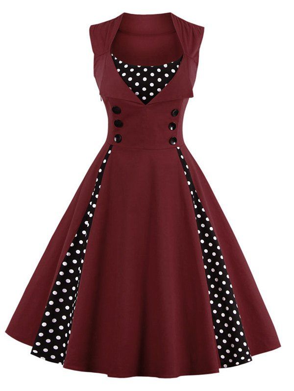

Sleeveless Polka Dot Retro Corset A Line Dress, Dark red