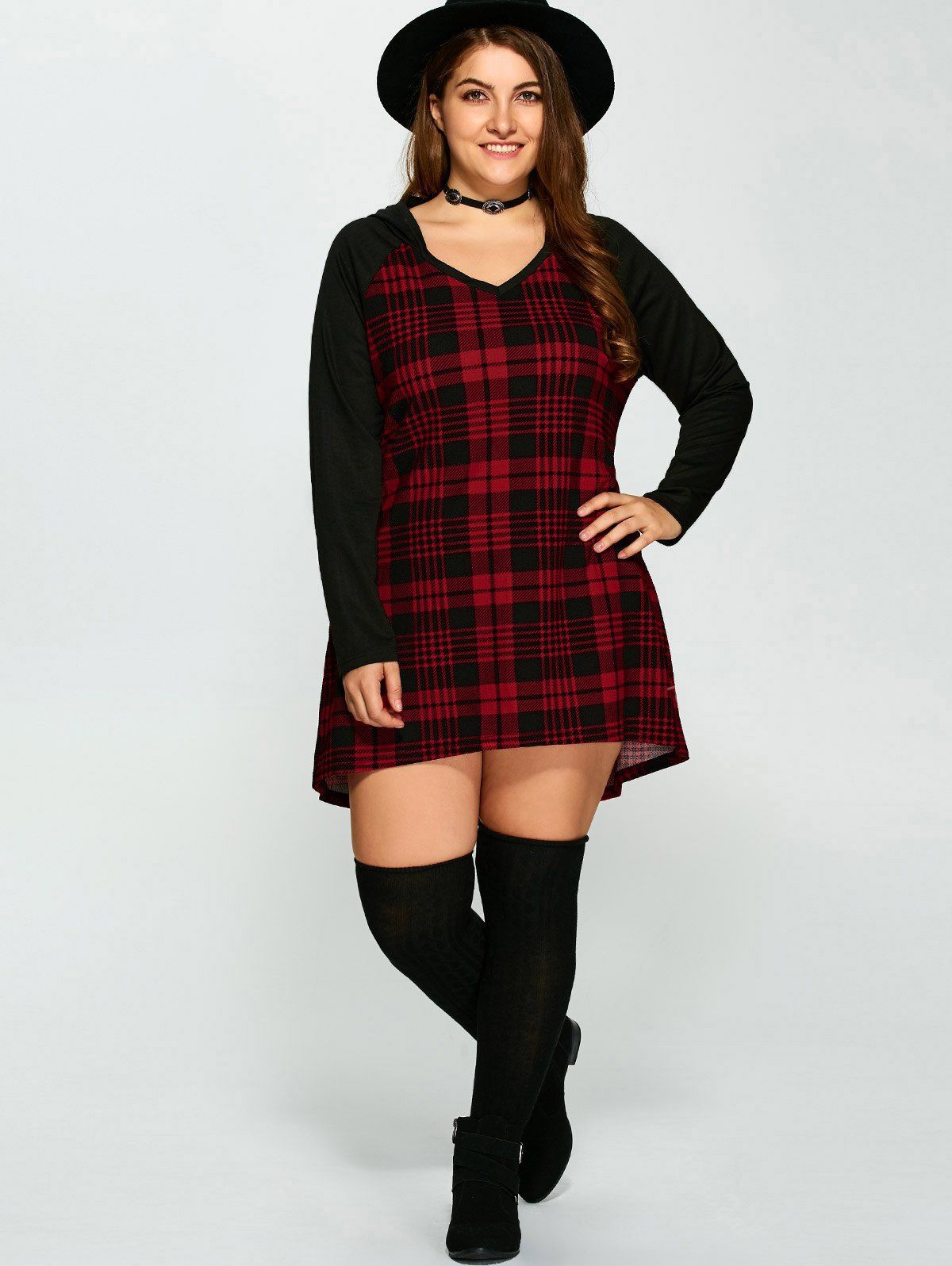 

Plus Size Hooded Plaid T-Shirt, Checked