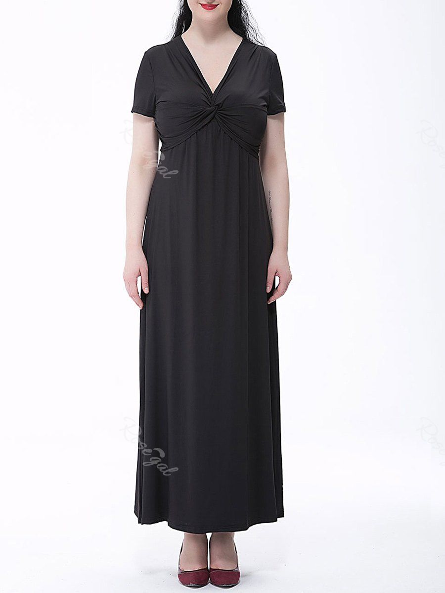 

Plus Size Empire Waist Knotted Maxi Plain From Dress, Black